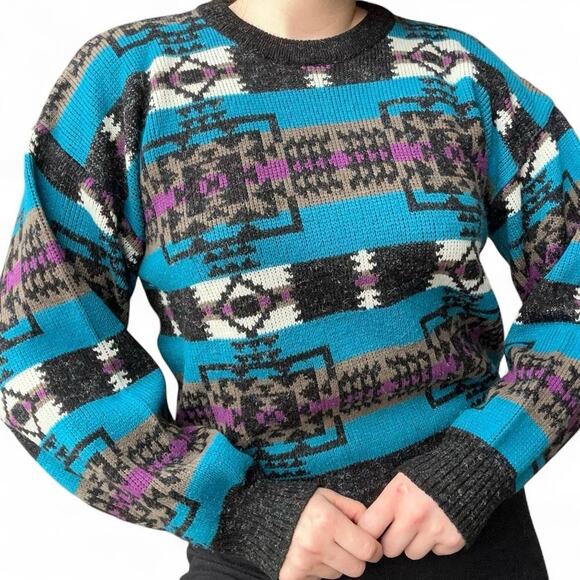 Vintage St John’s Bay Southwestern Knit Grandpa Sweater Sz M Retro Aztec Boho - Picture 1 of 7